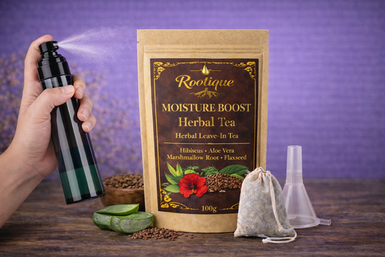 Rootique Moisture Boost Hair Tea Leave-In with accessories