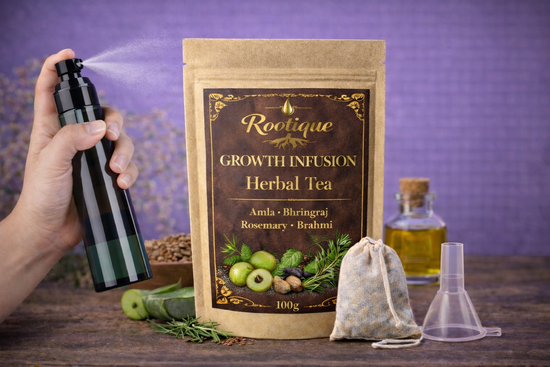 Rootique Growth Fusion Hair Tea Leave-In with accessories