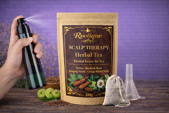 Rootique Scalp Therapy Hair Tea Leave-In with accessories